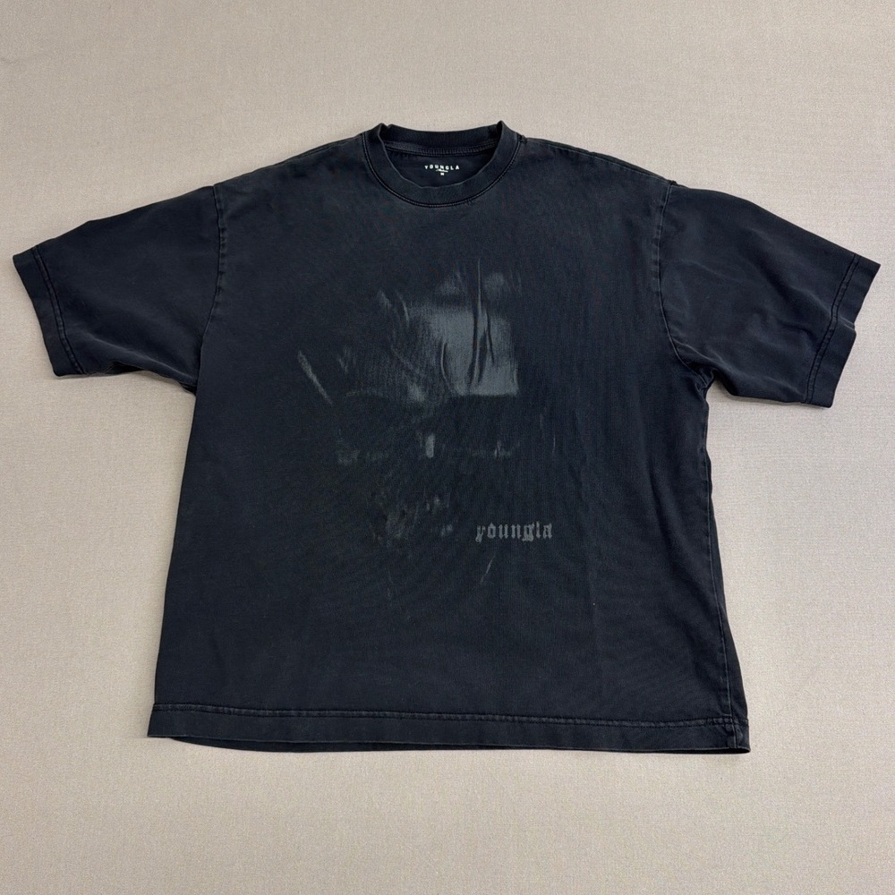 YoungLA Mens Washed Black Graphic Tee Boxy Fit Streetwear T-Shirt Size M
